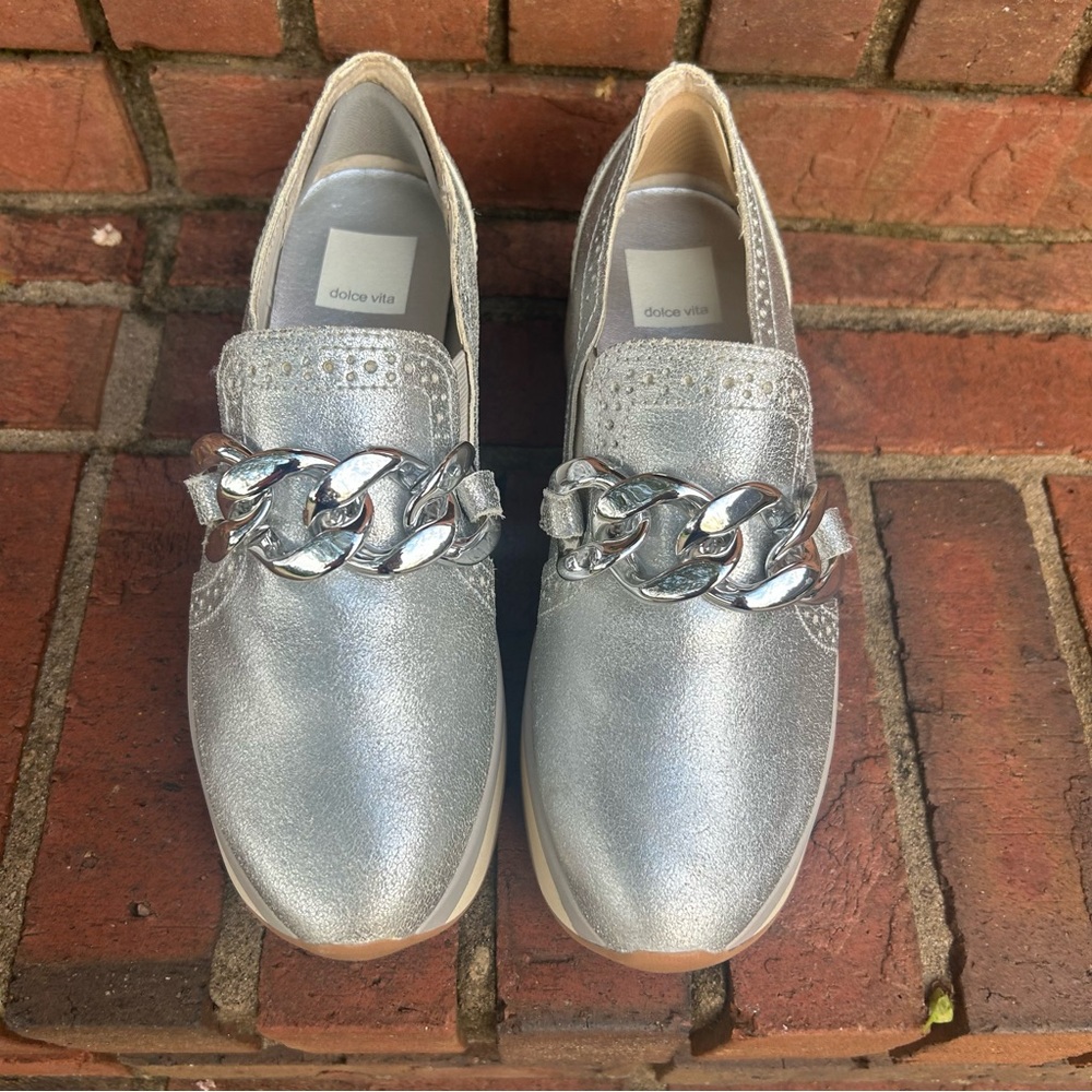 Dolce Vita Metallic Silver Chain-Detail Slip-On Loafers